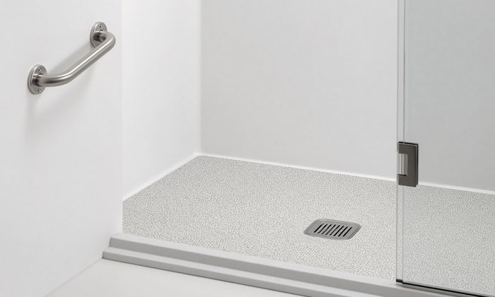 Walk-in shower with grab bars, built-in seat, and slip-resistant floor for aging in place