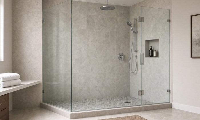 New acrylic shower with custom-fit base and glass installed by PJ Fitzpatrick