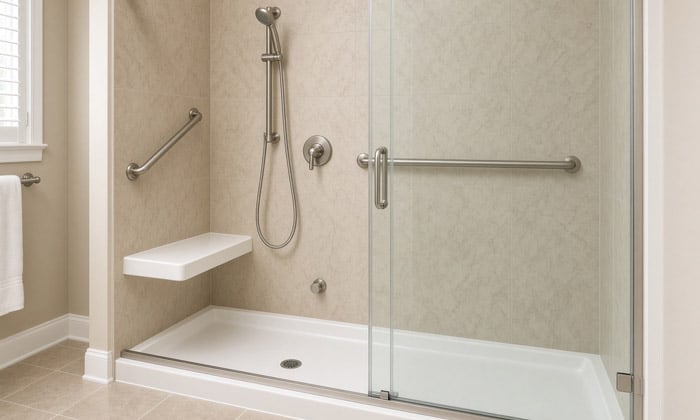Walk-in shower with low-threshold base converted from an old tub by PJ Fitzpatrick