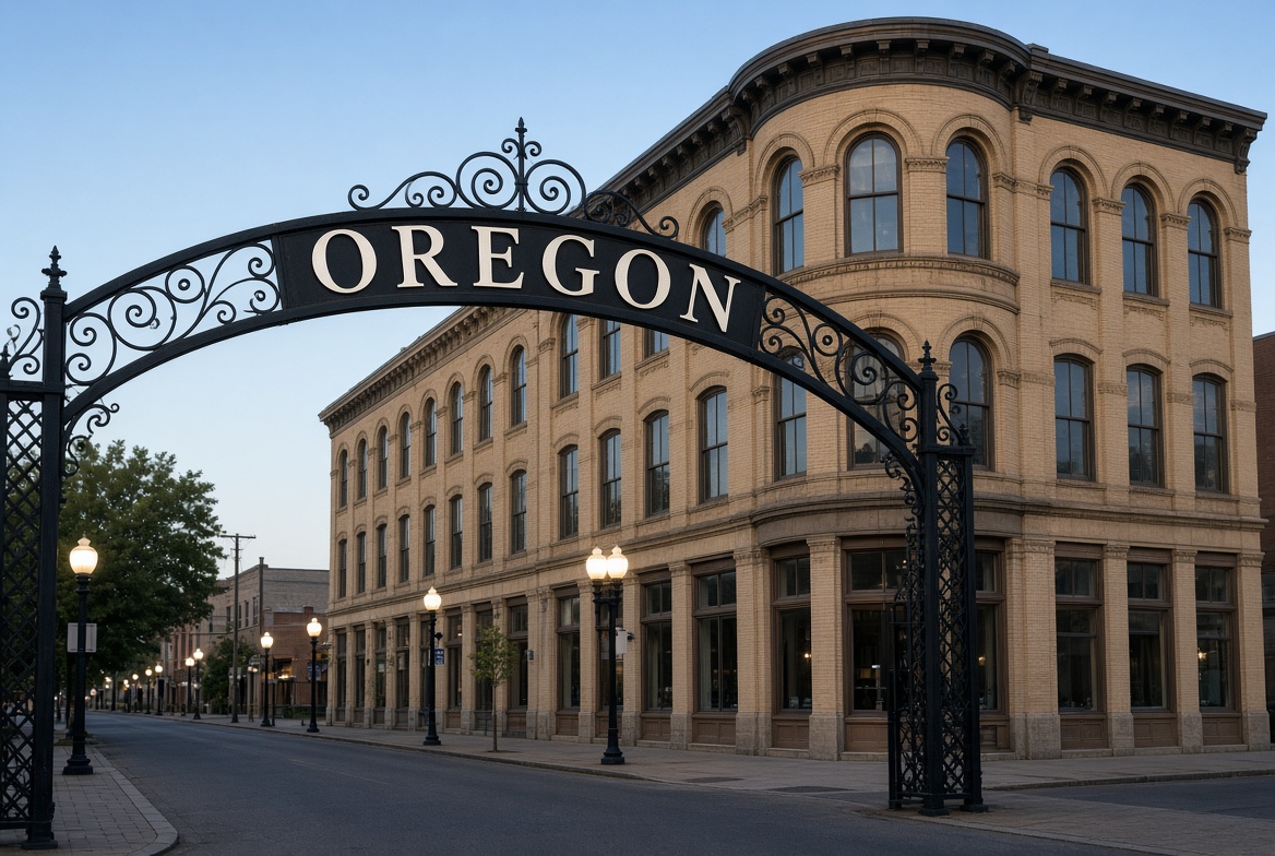 Oregon District arch and historic commercial building in Dayton, Ohio