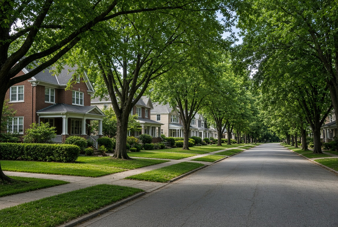 Residential street under a mature tree canopy in Terrace Park, Ohio